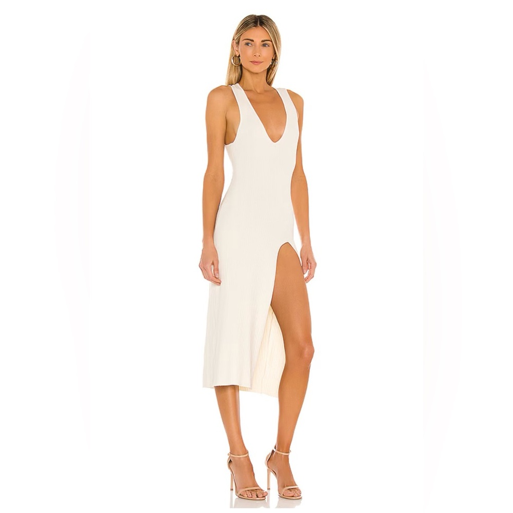 Michael Costello Cream Ribbed Maxi Dress with Deep V and Thigh Slit